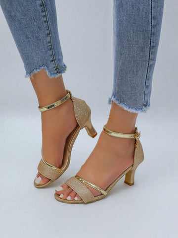 Women Square Toe High-Heel Sandals, Women Low-Cut Stiletto Sandals, Ankle Strap Chunky Heel Sandals