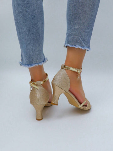 Women Square Toe High-Heel Sandals, Women Low-Cut Stiletto Sandals, Ankle Strap Chunky Heel Sandals