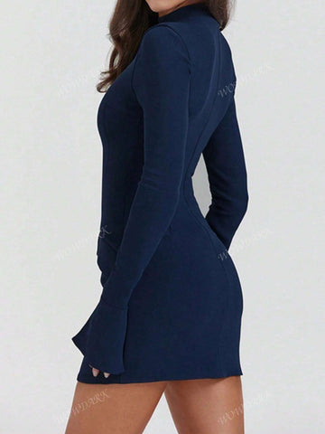 Women Stand Collar Flared Long Sleeve Bodycon Dress, Autumn