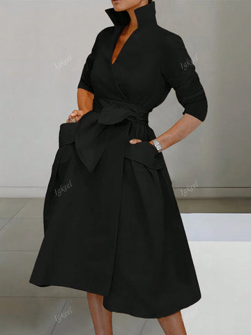 Women Stand Collar Solid Color Drawstring Pocket Dress
