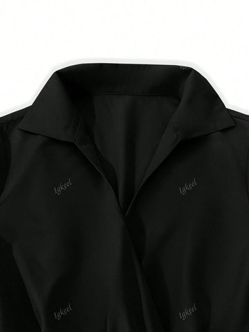 Women Stand Collar Solid Color Drawstring Pocket Dress