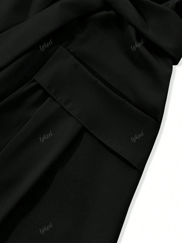 Women Stand Collar Solid Color Drawstring Pocket Dress