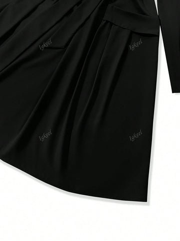 Women Stand Collar Solid Color Drawstring Pocket Dress