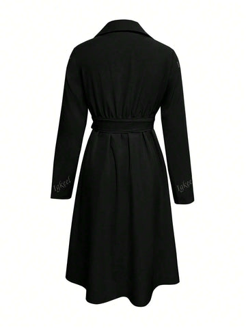 Women Stand Collar Solid Color Drawstring Pocket Dress