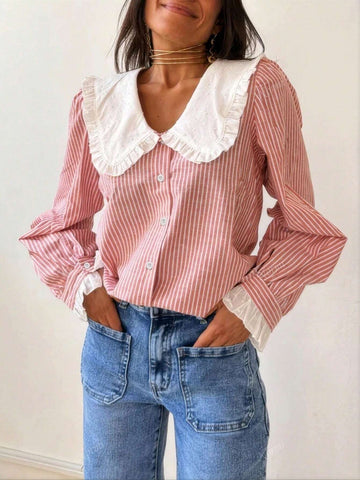 Women Stripe Print Peter Pan Collar Casual Long Sleeve Blouse