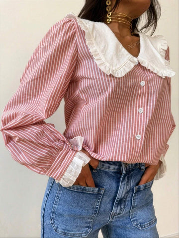 Women Stripe Print Peter Pan Collar Casual Long Sleeve Blouse