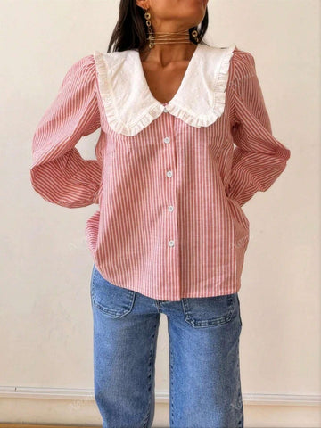 Women Stripe Print Peter Pan Collar Casual Long Sleeve Blouse