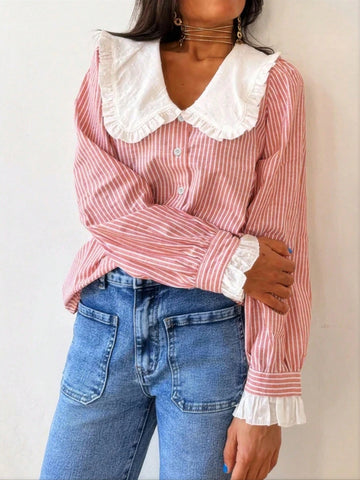 Women Stripe Print Peter Pan Collar Casual Long Sleeve Blouse