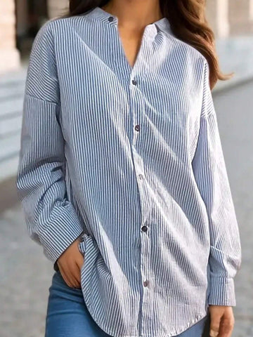 Women Striped Button Down Casual Drop Shoulder Blouse