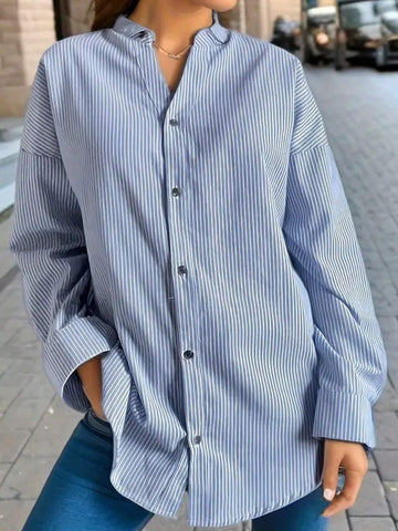 Women Striped Button Down Casual Drop Shoulder Blouse