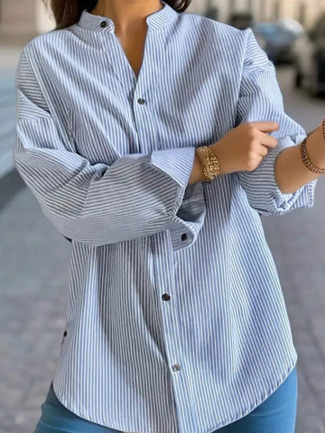 Women Striped Button Down Casual Drop Shoulder Blouse