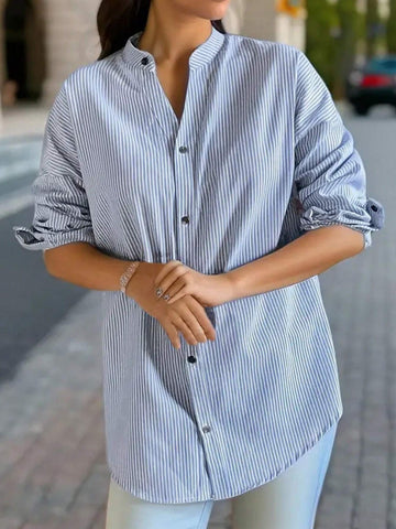 Women Striped Button Down Casual Drop Shoulder Blouse