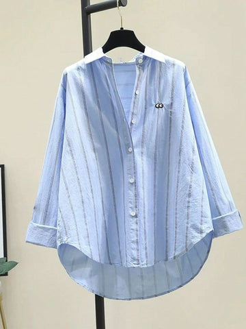 Women Striped Embroidered Blouse, Fashionable For Summer