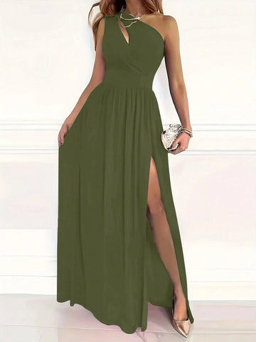Women Summer Elegant Solid Color Hollow Out Asymmetrical Neckline Slit Long Dress