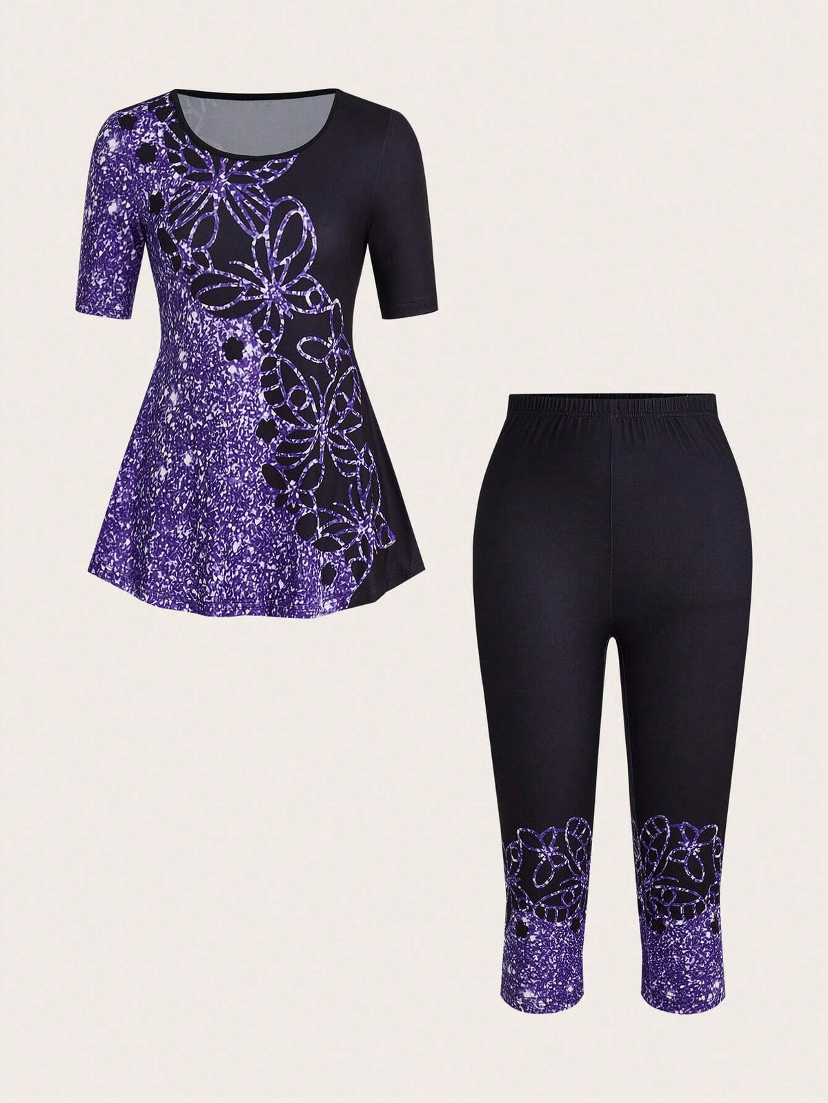 Women Summer Floral Printed Short Sleeve T-Shirt And Long Pants Casual Two Piece Set