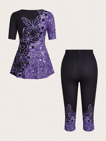 Women Summer Floral Printed Short Sleeve T-Shirt And Long Pants Casual Two Piece Set