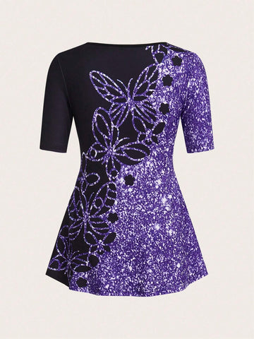 Women Summer Floral Printed Short Sleeve T-Shirt And Long Pants Casual Two Piece Set