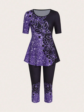 Women Summer Floral Printed Short Sleeve T-Shirt And Long Pants Casual Two Piece Set