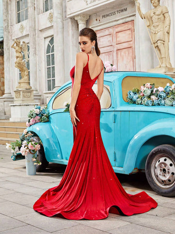 Women Summer Long Dress With Side Slit And Rhinestone Decoration, Formal Evening Party Dress