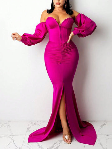Women Summer Off Shoulder Lantern Sleeve High Slit Mermaid Hem Long Formal Dress