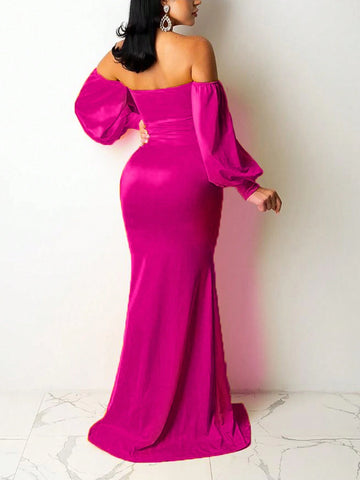 Women Summer Off Shoulder Lantern Sleeve High Slit Mermaid Hem Long Formal Dress