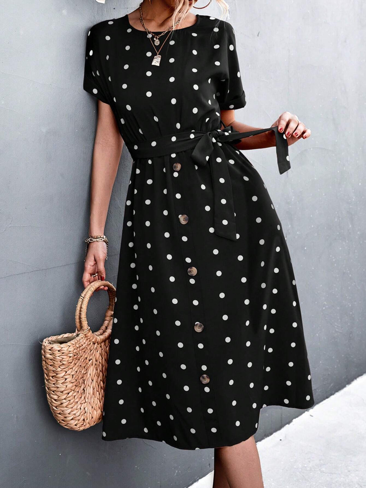 Women Summer Round Neck Short Sleeve Polka Dot Elegant Dress