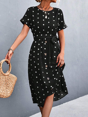 Women Summer Round Neck Short Sleeve Polka Dot Elegant Dress