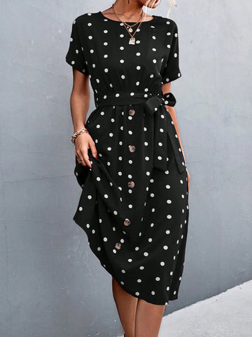 Women Summer Round Neck Short Sleeve Polka Dot Elegant Dress