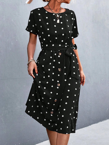 Women Summer Round Neck Short Sleeve Polka Dot Elegant Dress