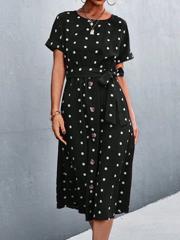 Women Summer Round Neck Short Sleeve Polka Dot Elegant Dress