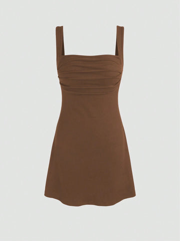 Women Summer Solid Color Pleated Spaghetti Strap Casual Dress