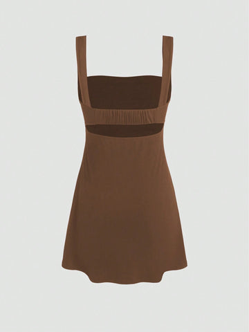 Women Summer Solid Color Pleated Spaghetti Strap Casual Dress