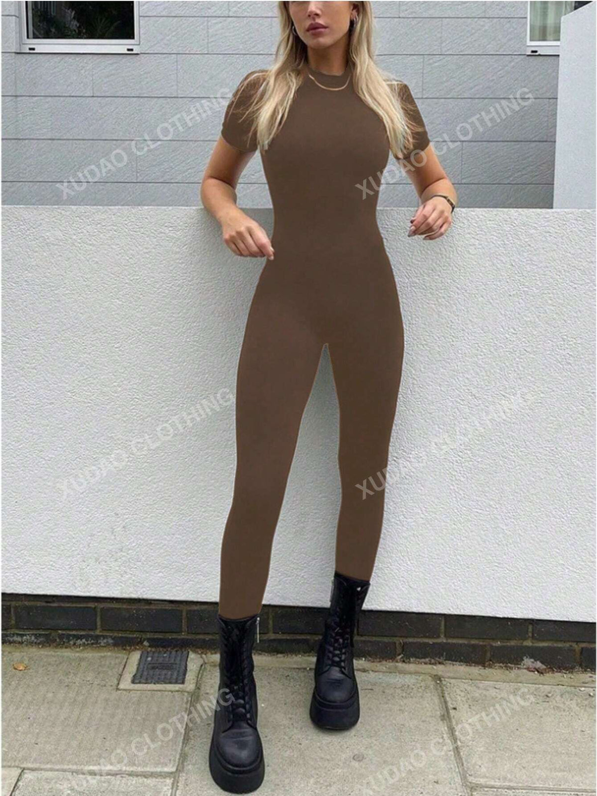 Women Summer Solid Color Stand Collar Short Sleeve Casual Fitness Jumpsuit