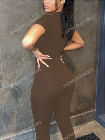 Women Summer Solid Color Stand Collar Short Sleeve Casual Fitness Jumpsuit