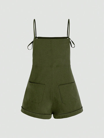 Women Summer Solid Color Strap Pocket Overall Shorts