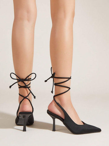 Women Tie Leg Design Strappy Pumps, Lycra Stiletto Heeled Elegant Pumps