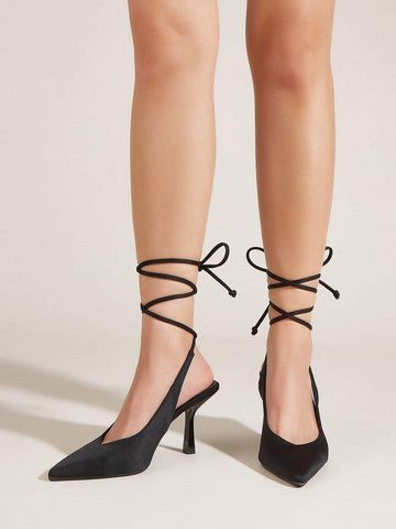 Women Tie Leg Design Strappy Pumps, Lycra Stiletto Heeled Elegant Pumps