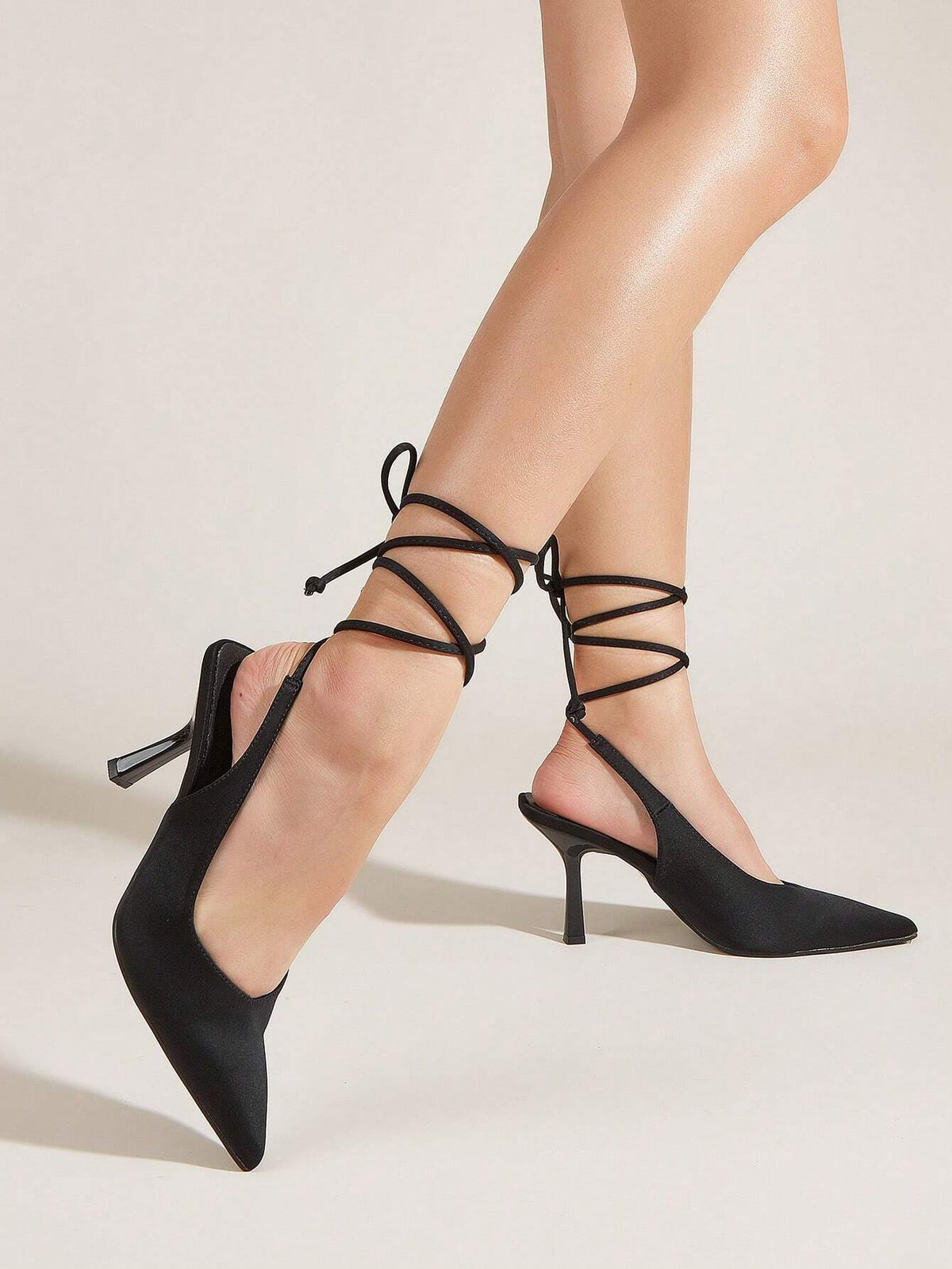 Women Tie Leg Design Strappy Pumps, Lycra Stiletto Heeled Elegant Pumps