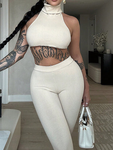 Women Turtleneck Sleeveless Rib-Knit Tank Top & Leggings Set For Daily Wear