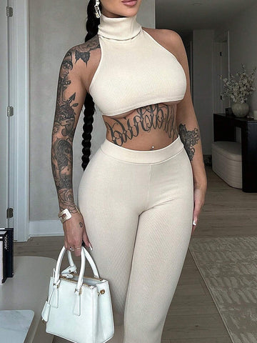 Women Turtleneck Sleeveless Rib-Knit Tank Top & Leggings Set For Daily Wear