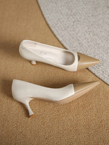 Women Two Tone Point Toe Pyramid Heeled Court Pumps, Fashion Outdoor Pumps
