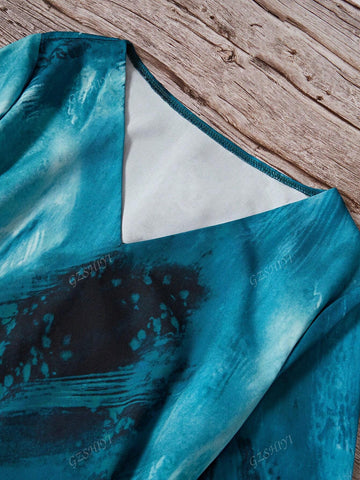 Women V-Neck Asymmetrical Print Pullover Blouse