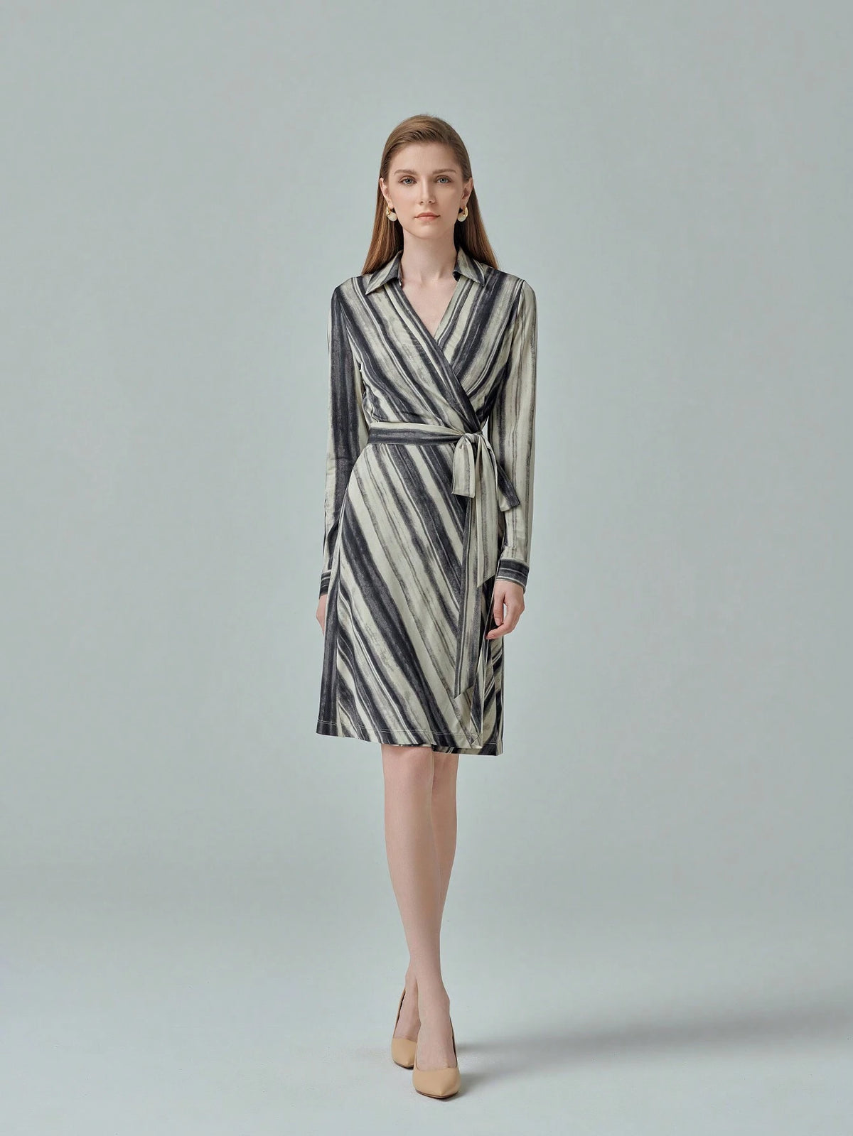 Women V-Neck Belted Casual Spring/Summer Long Sleeve Dress