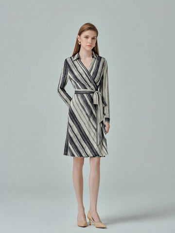 Women V-Neck Belted Casual Spring/Summer Long Sleeve Dress
