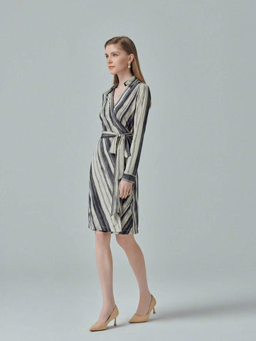 Women V-Neck Belted Casual Spring/Summer Long Sleeve Dress