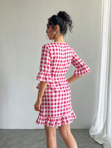Women V-Neck Cross Front Short Sleeve Ruffle Hem Zipper Back Mini Dress, Plaid Patchwork A-Line Flared Skirt, Elegant & Cute Party/Holiday/Resort Dress