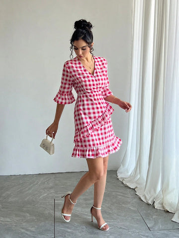 Women V-Neck Cross Front Short Sleeve Ruffle Hem Zipper Back Mini Dress, Plaid Patchwork A-Line Flared Skirt, Elegant & Cute Party/Holiday/Resort Dress