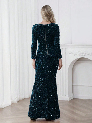 Women V-Neck Elegant Fitted Long Sleeve Sequin Fishtail Dress