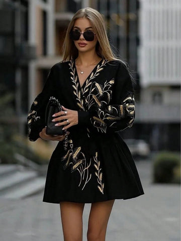 Women V-Neck Embroidered Cross-Wrap Casual Long Sleeve Dress