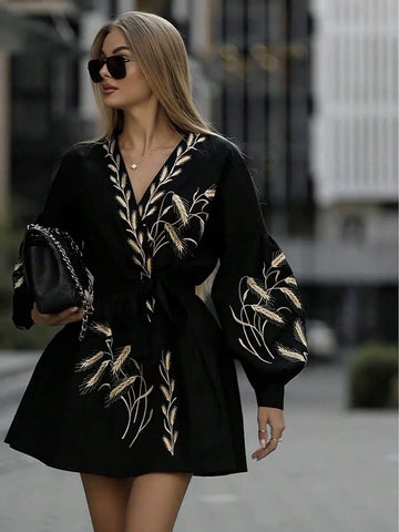 Women V-Neck Embroidered Cross-Wrap Casual Long Sleeve Dress